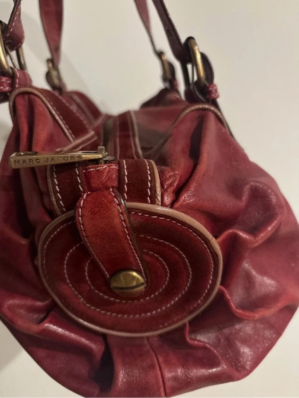 Marc Jacobs Distressed Leather Handbag in Deep Burgundy